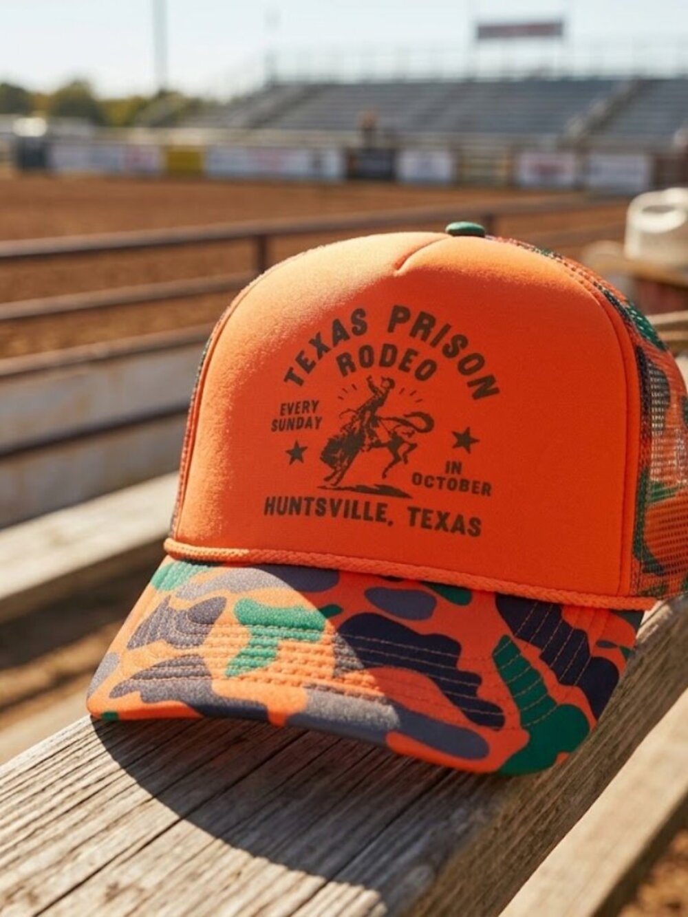 Retro Texas Prison Rodeo Hat Huntsville Orange Camo Foam Rope Snapback Trucker